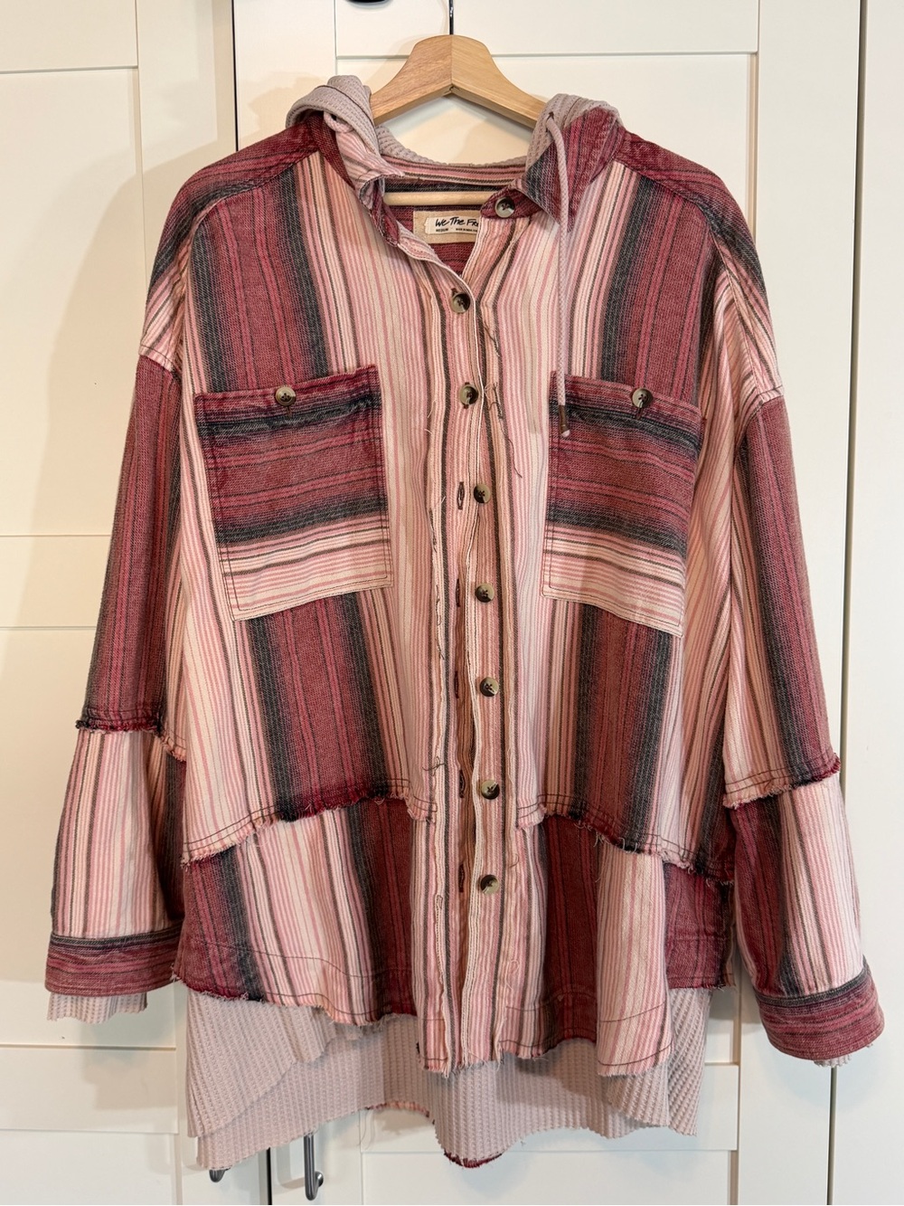 We The Free Striped Hooded Shirt Jacket in Pink, Cream, and Charcoal Stripe B7